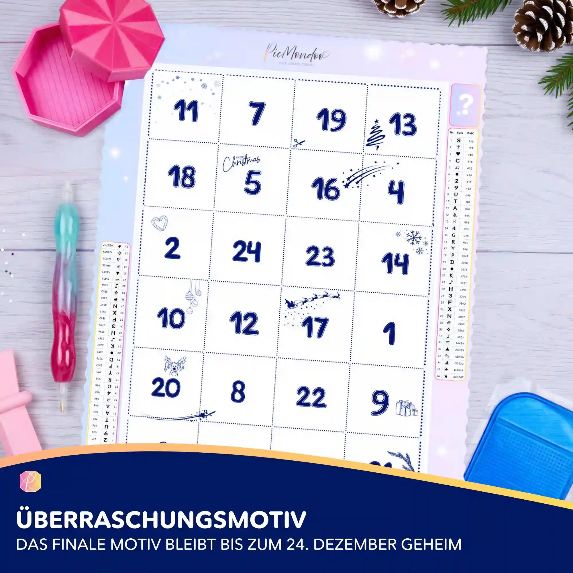 Picmondoo Diamond Painting Adventskalender mit 24 Feldern für ein weihnachtliches Mystery-Motiv zum Selbermachen