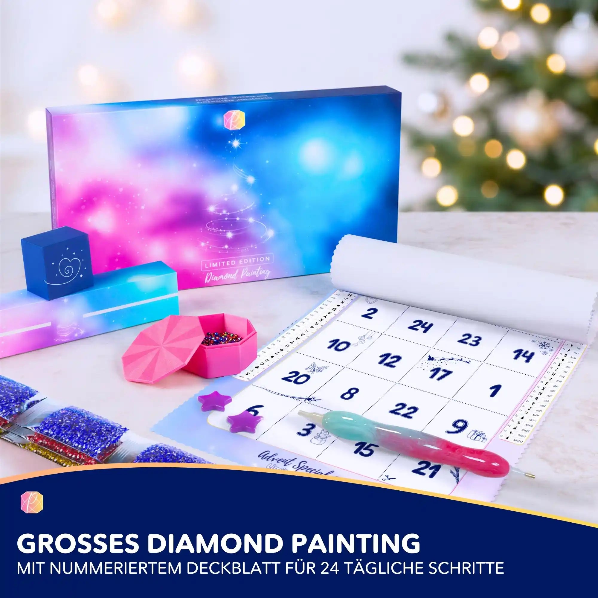 Picmondoo Diamond Painting Adventskalender mit nummerierter Leinwand, bunten Steinen und Spezial-Stift für die Weihnachtszeit