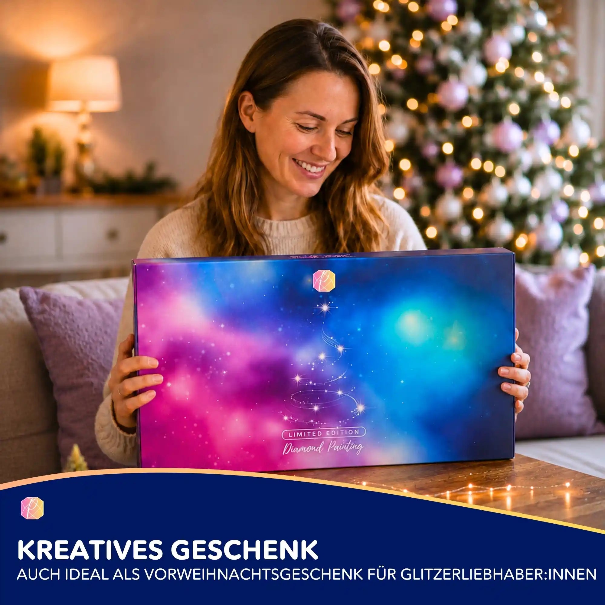 Frau hält Picmondoo Diamond Painting Adventsbox für kreative Weihnachtstage mit weihnachtlichem Glitzer-Motiv
