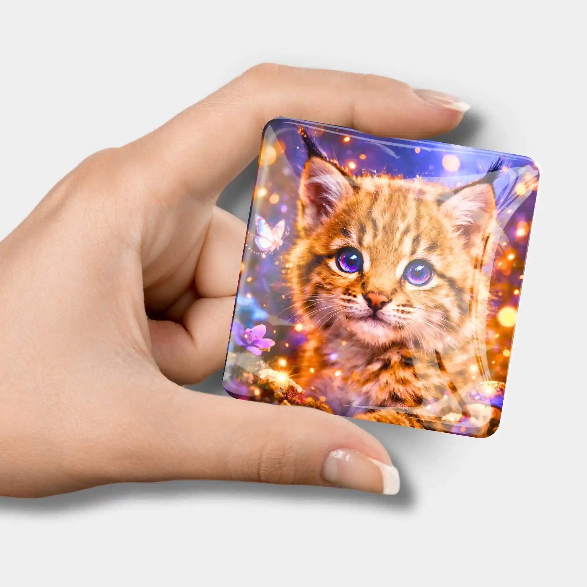 Quadratischer Diamond Painting Cover Minder aus Glas mit niedlichem Katzen-Motiv für kreatives Zubehör