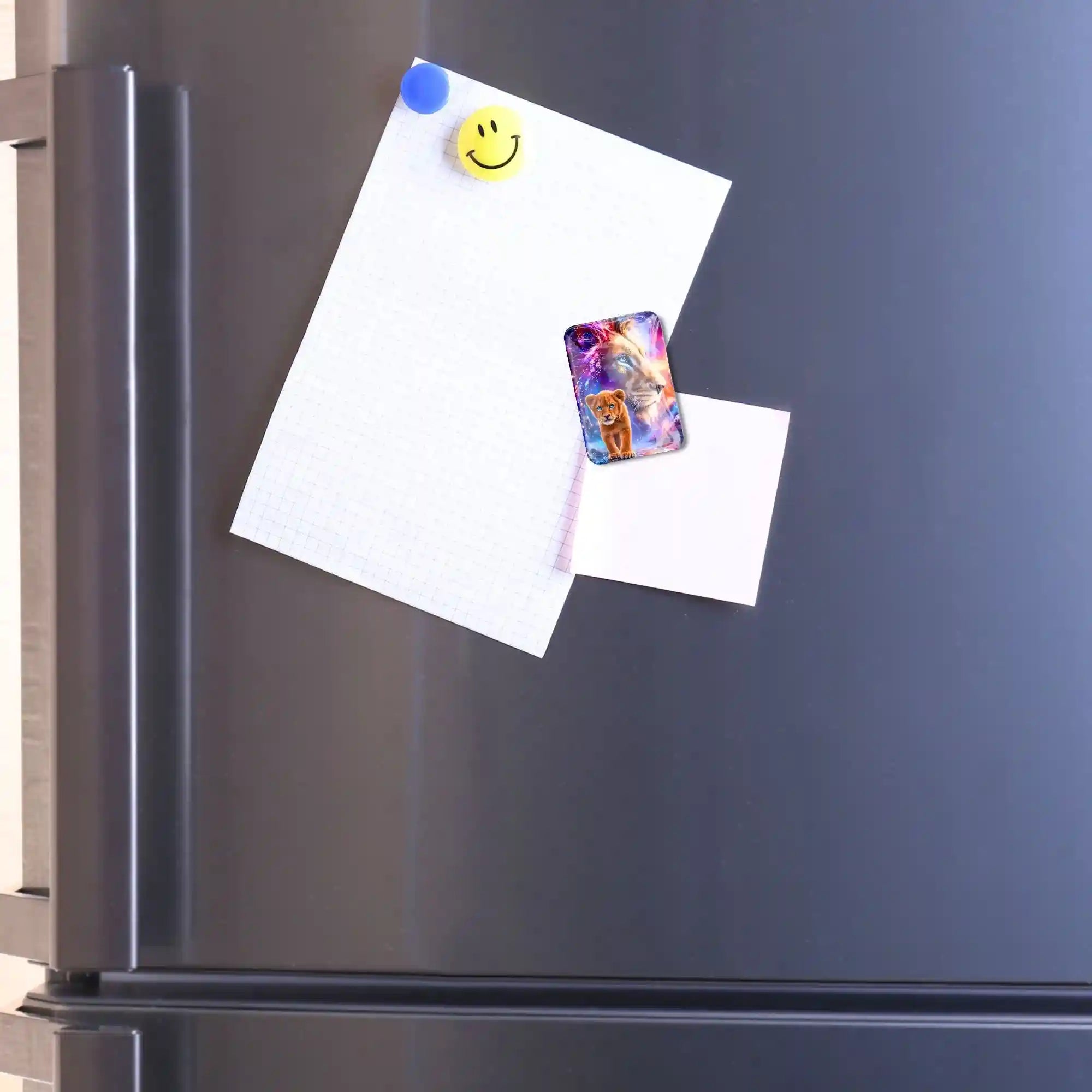 Magischer Cover Minder mit Löwenmotiv als praktisches Zubehör für Diamond Painting auf einem Kühlschrank