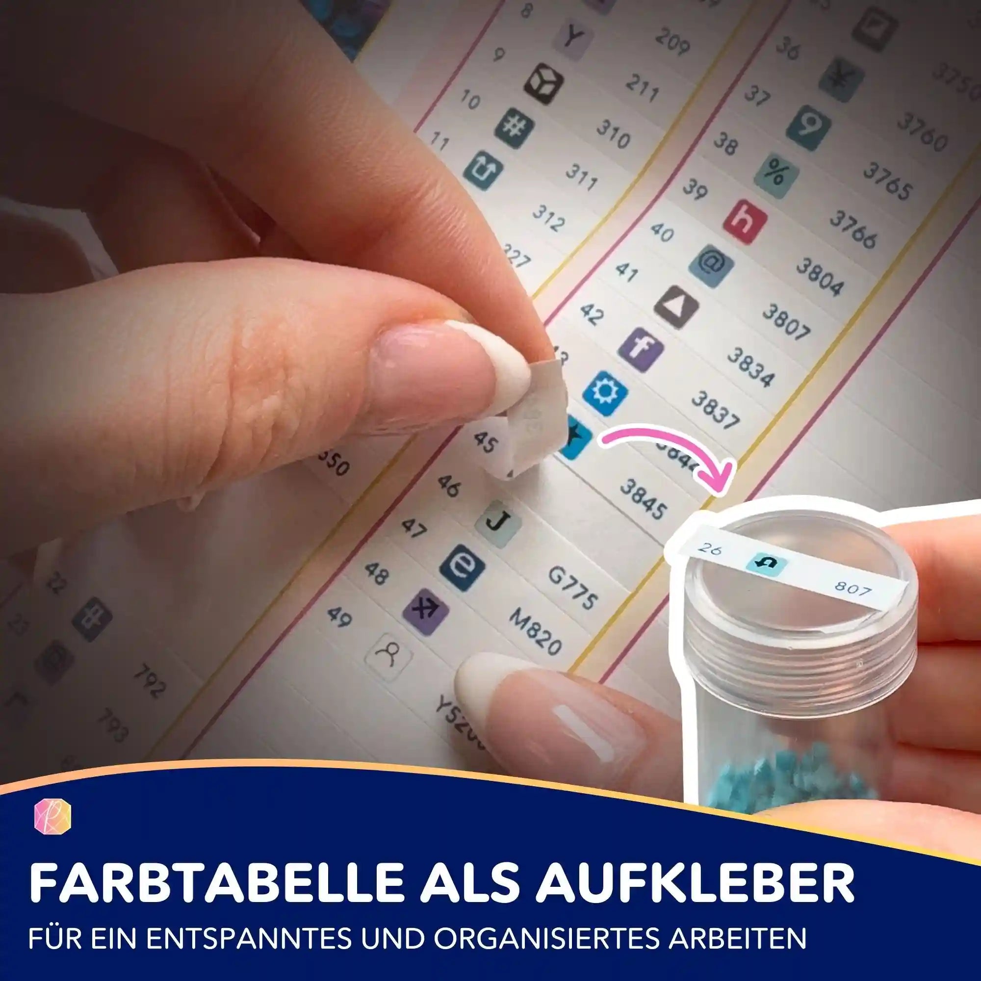 Diamond Painting Zubehör: Praktische Farbtabellen-Aufkleber für die bequeme Organisation der Diamanten-Steinchen.