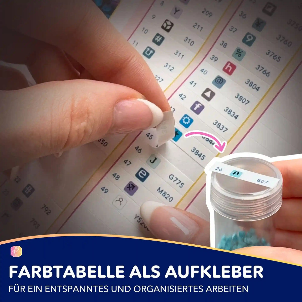 Praktische Farbtabelle als Aufkleber für Diamond Painting Sets zur einfachen Organisation der Diamanten und Symbole.