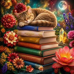 Diamond Painting Bücherträumerei: Schlafende Katze auf Bücherstapel, umgeben von bunten Blumen und Sternenhimmel.