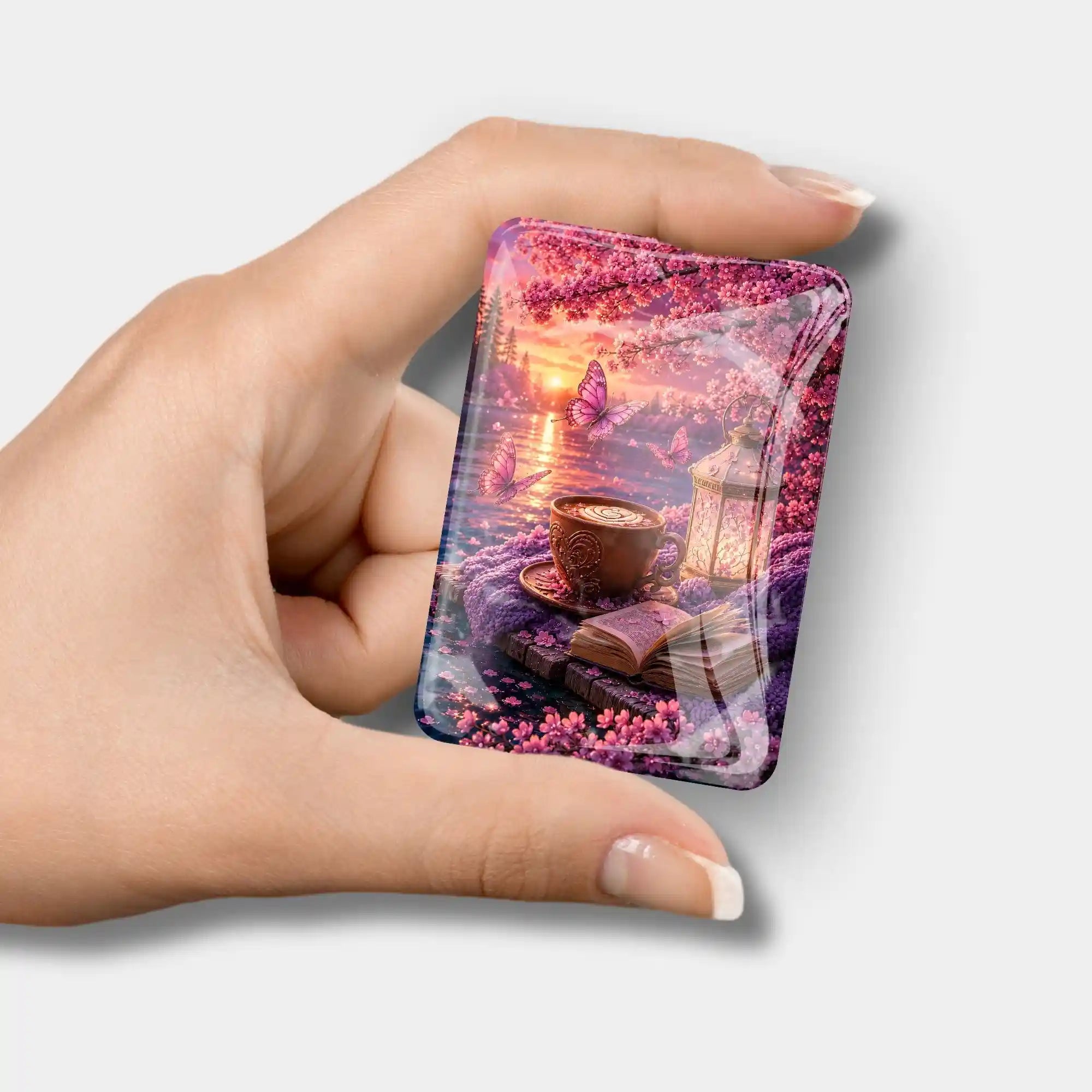 Magischer Cover Minder Glas-Magnet für Diamond Painting mit Motiv Buch, Tasse und Schmetterlingen bei Sonnenuntergang