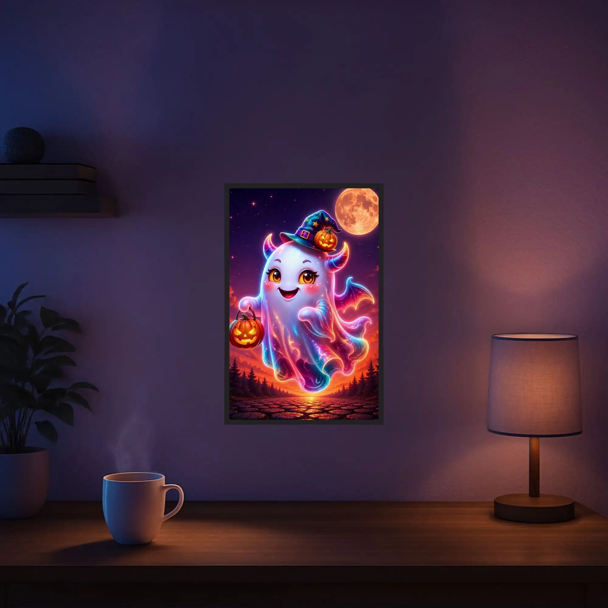 Diamond Painting Set Halloween: Süßer Waldgeist mit Kürbis und Hexenhut vor leuchtendem Vollmond und Herbstlandschaft.