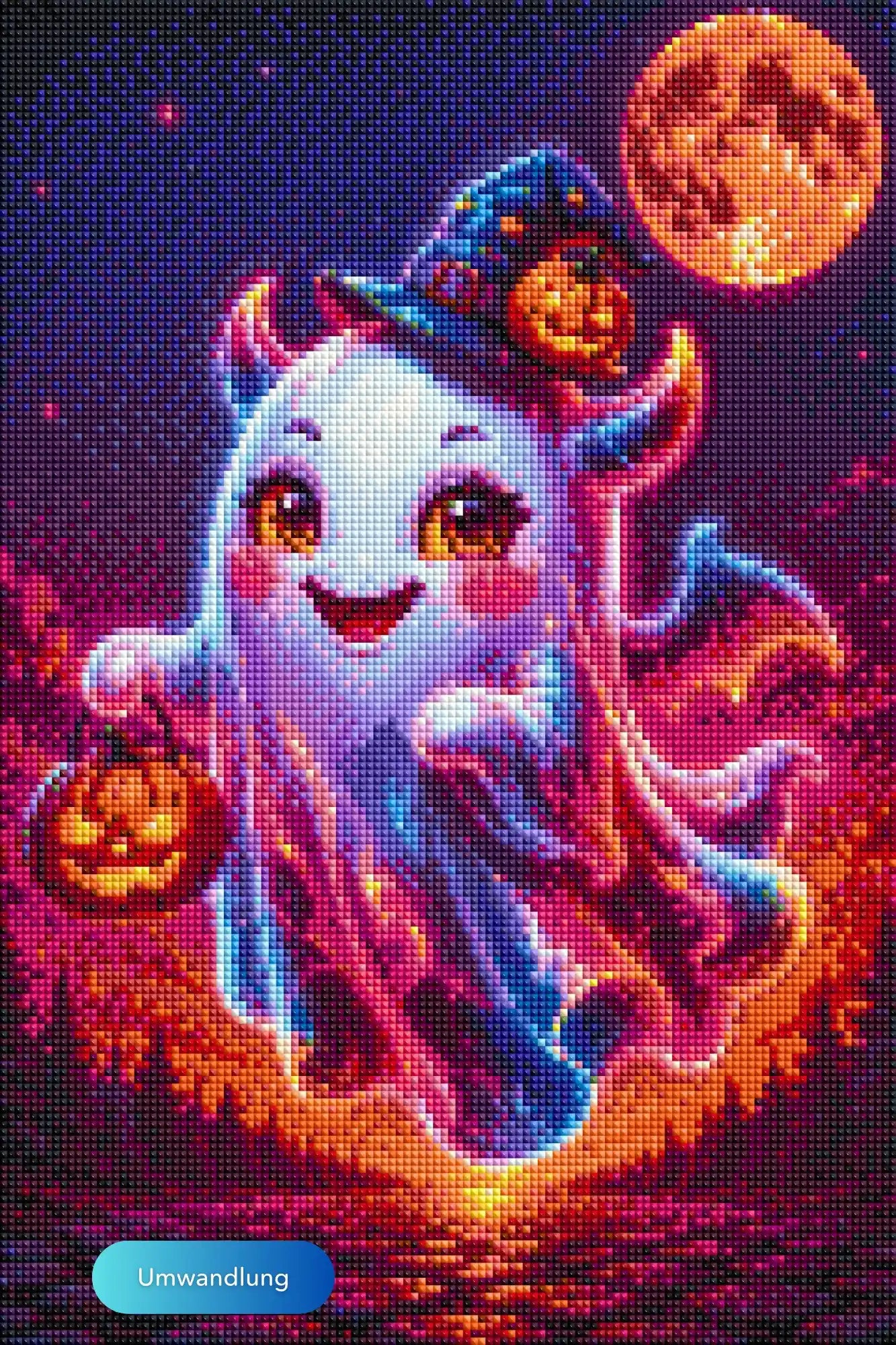 Diamond Painting Set Halloween: Süßer Geist mit Kürbis-Laterne vor Vollmond, funkelndes Motiv in 30x45cm