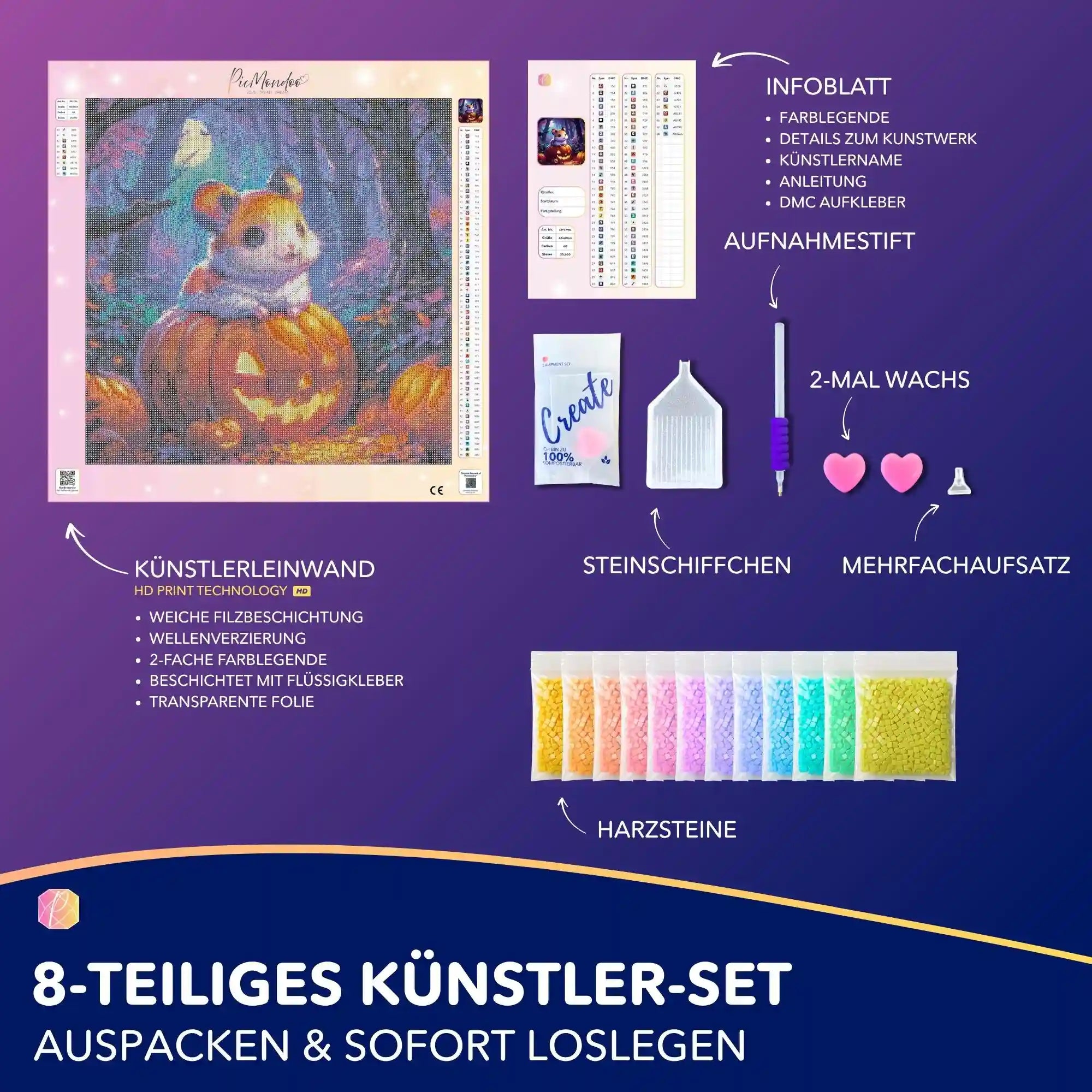 Diamond Painting Set Pumpkin Whispers mit niedlichem Hamster auf Kürbis, inklusive Leinwand, Steinen und Werkzeug-Zubehör.