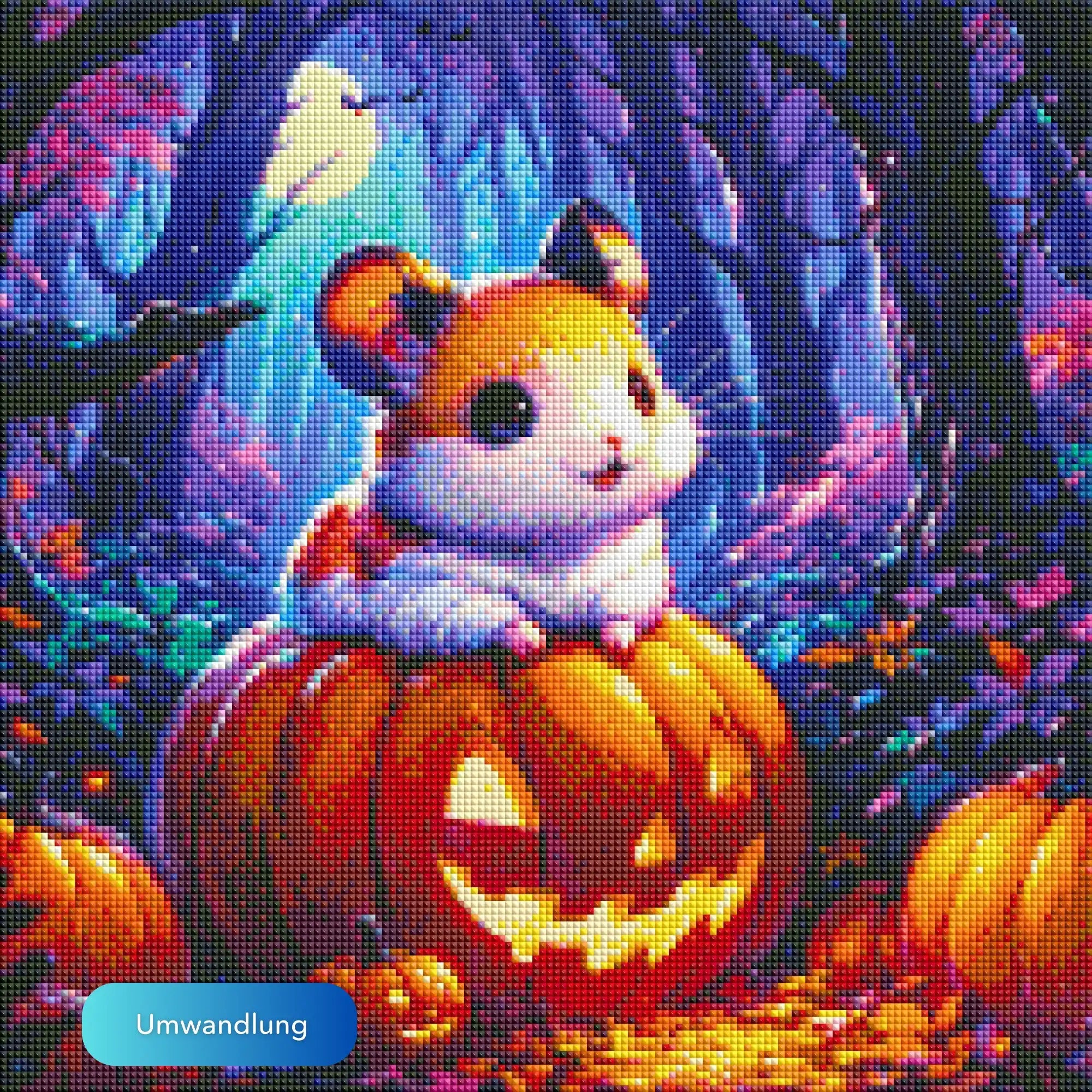 Diamond Painting Set mit süßem Hamster auf Halloween Kürbis im magischen Wald bei Nacht