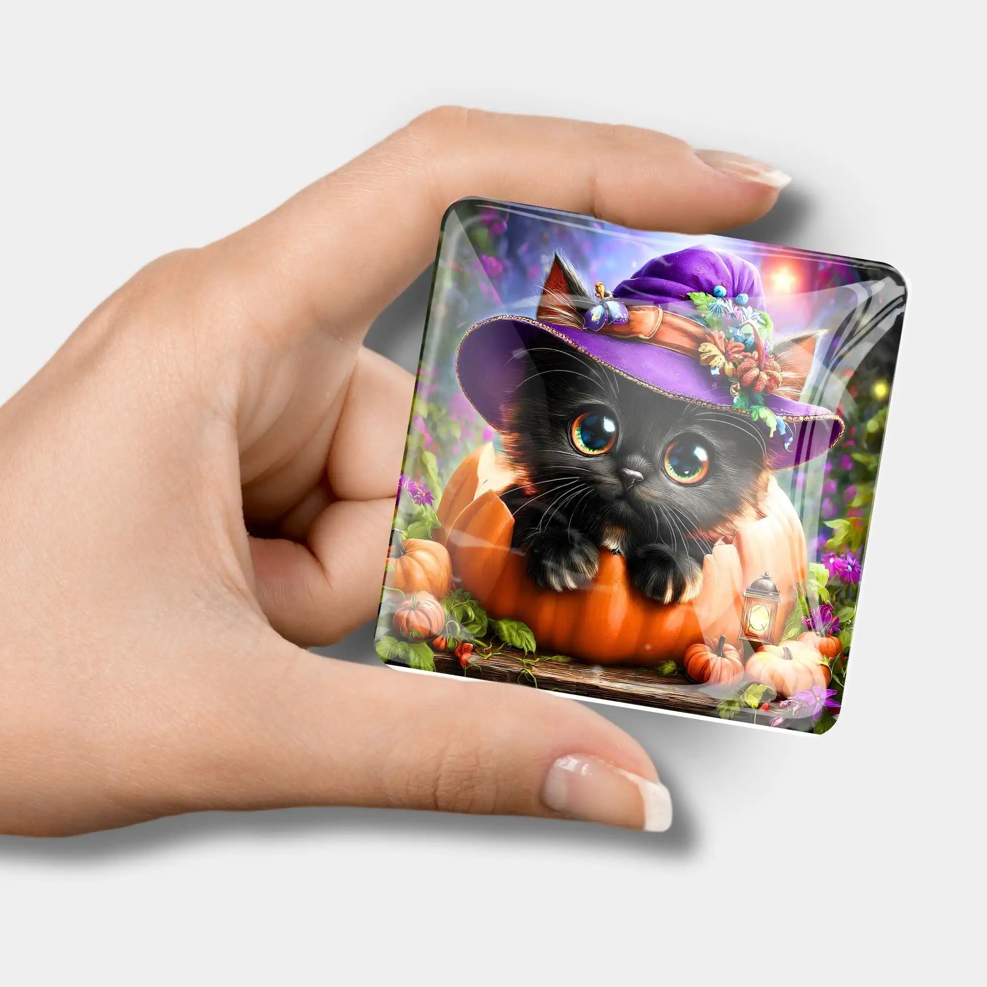 Glas Cover Minder für Diamond Painting mit Herbstpfötchen Katzenmotiv in Kürbis mit Hexenhut