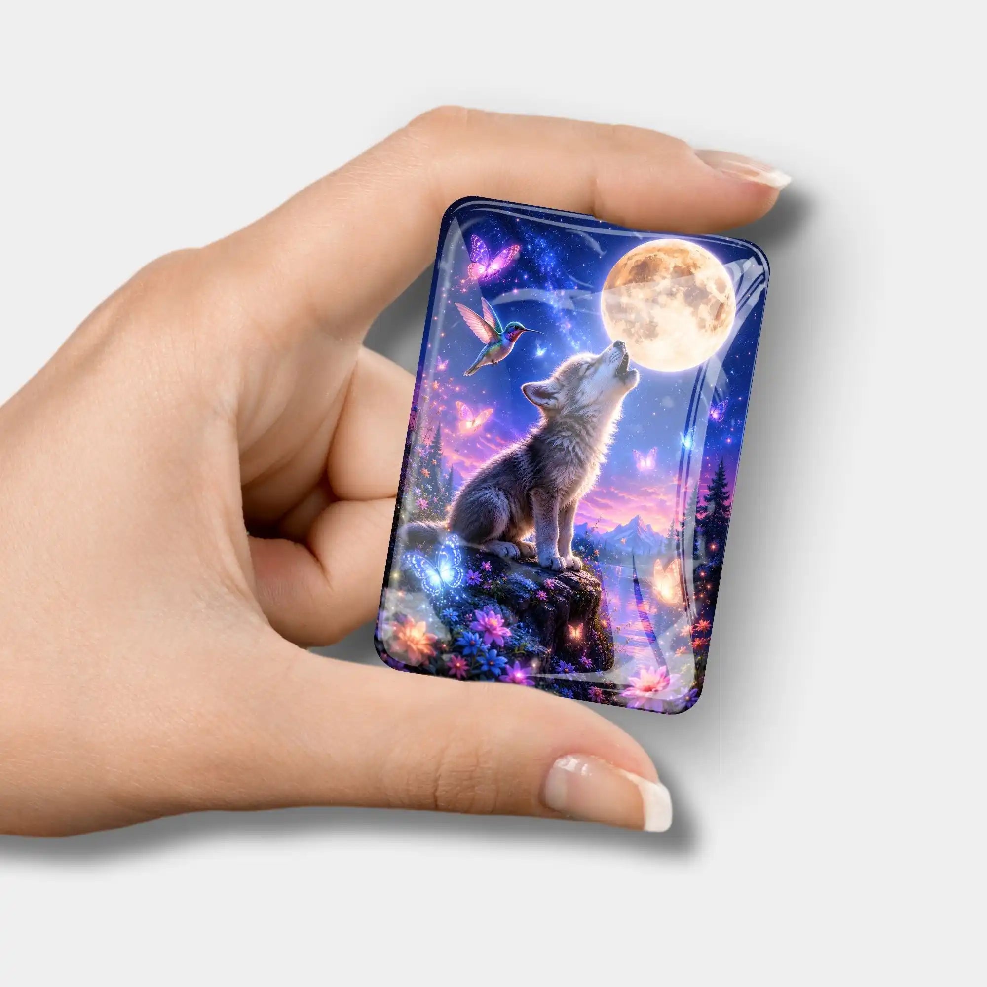 Magischer Cover Minder Glas-Magnet mit Wolf-Motiv beim Mond für Diamond Painting Zubehör