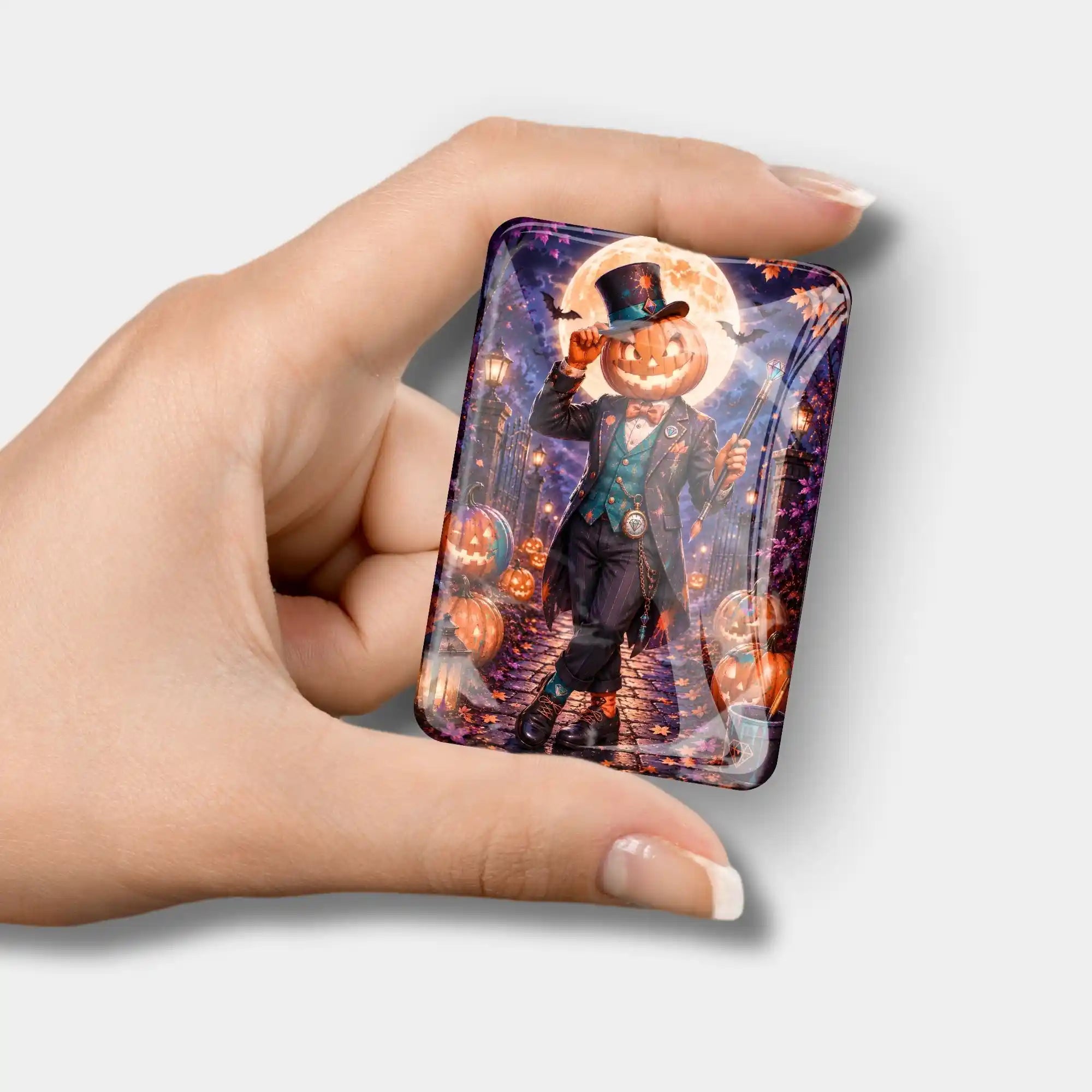 Glas Cover Minder mit Kürbis-Motiv Willkommen zur Herbstnacht als praktisches Zubehör für Diamond Painting Sets.