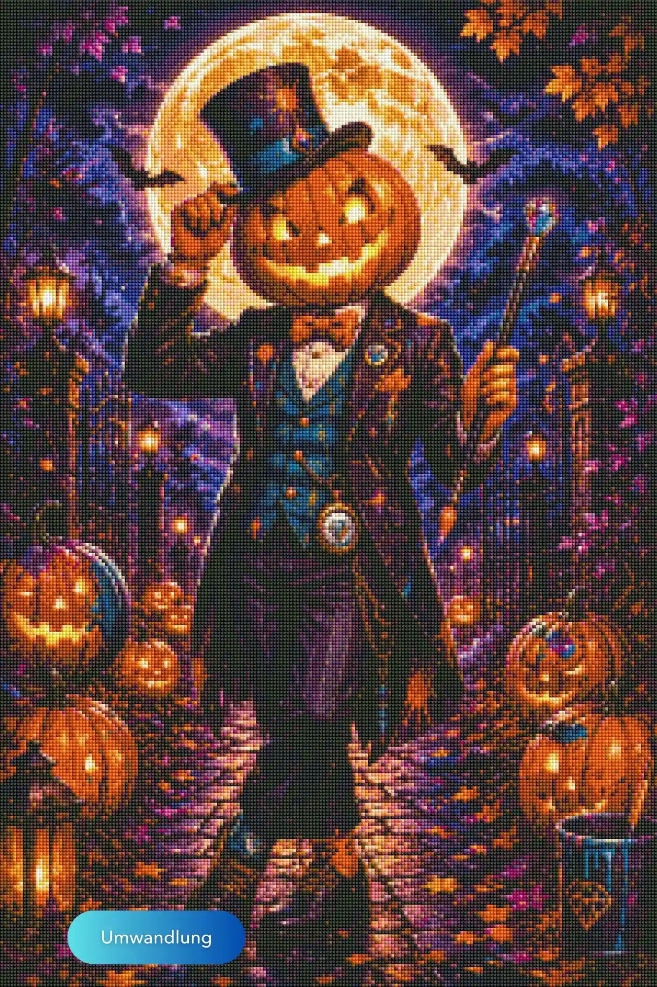 Fertiges Diamond Painting Halloween-Motiv mit Kürbismann im Anzug vor einem Vollmond in herbstlicher Nachtstimmung