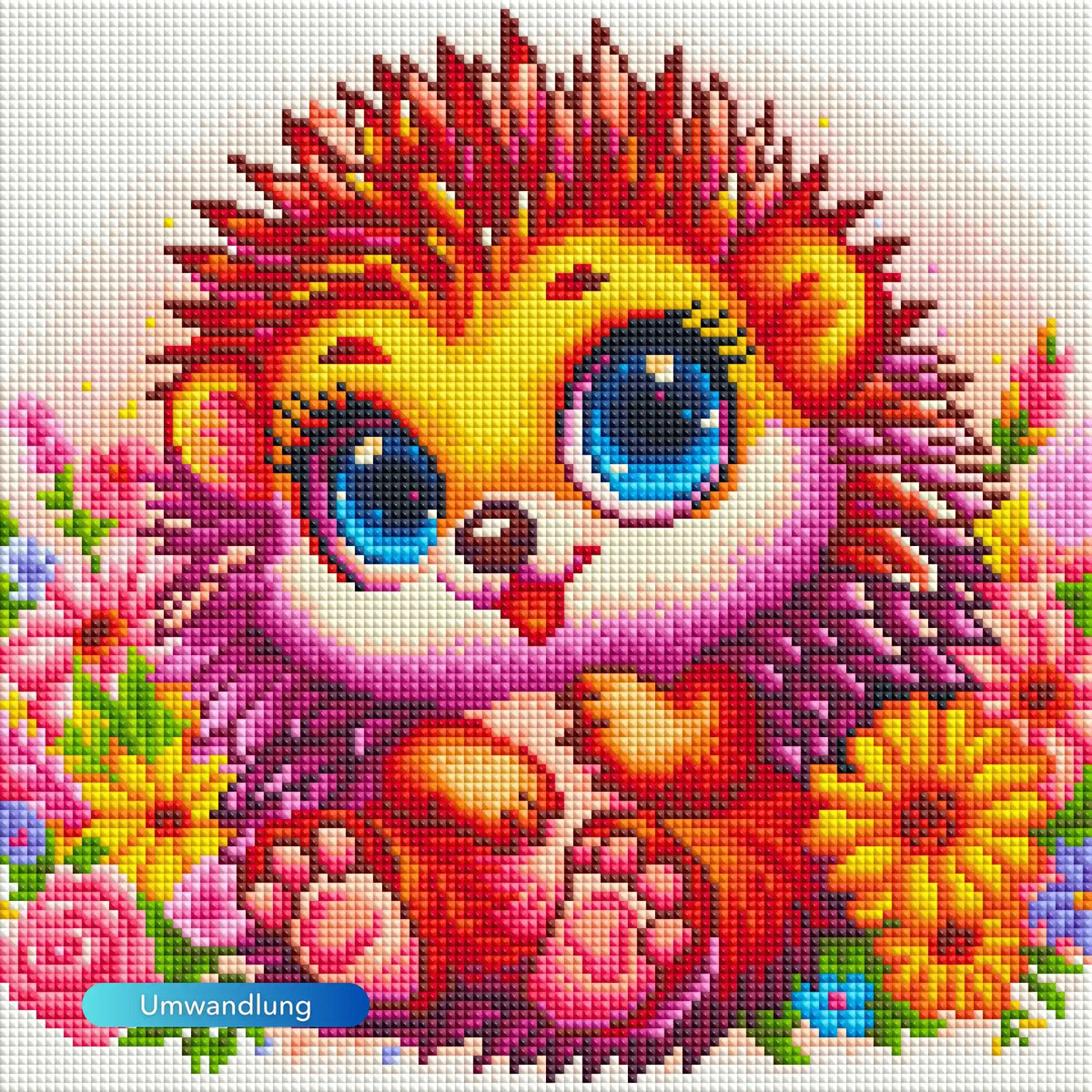 Niedliches Diamond Painting Set Igel Hermine mit großen Augen inmitten bunter Blumen im Cartoon-Stil