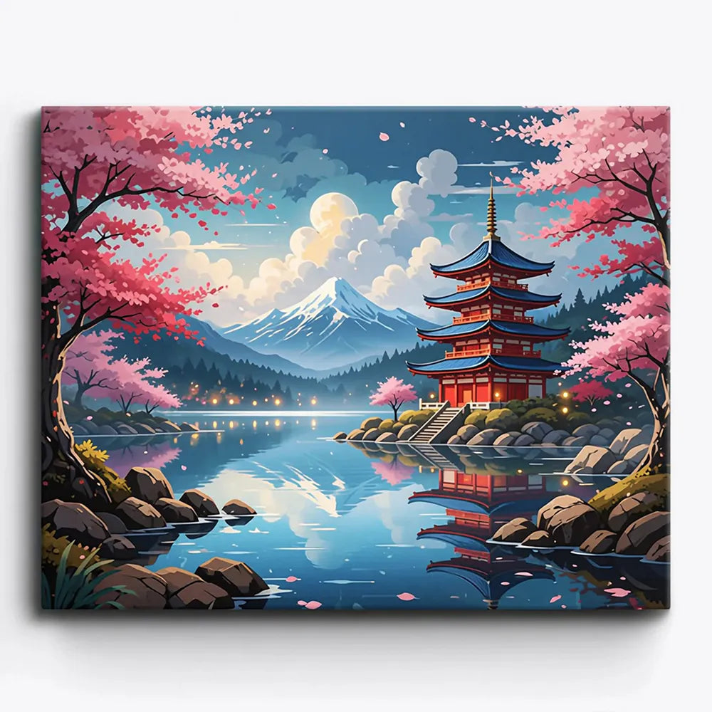 Malen nach Zahlen für Erwachsene: Japanische Pagode am See mit Fuji, Kirschblüten und Mondschein im picmondoopro.comsign.
