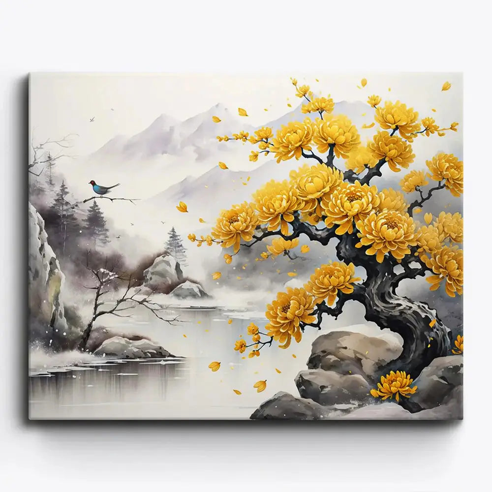 Malen nach Zahlen für Erwachsene: Goldener Frühlingshauch mit gelben Blüten an dunklem Baum in nebliger Berglandschaft.