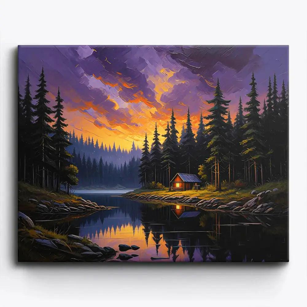 Malen nach Zahlen für Erwachsene: Waldsee bei Sonnenuntergang mit Hütte, Tannen und violett-goldenem Himmel
