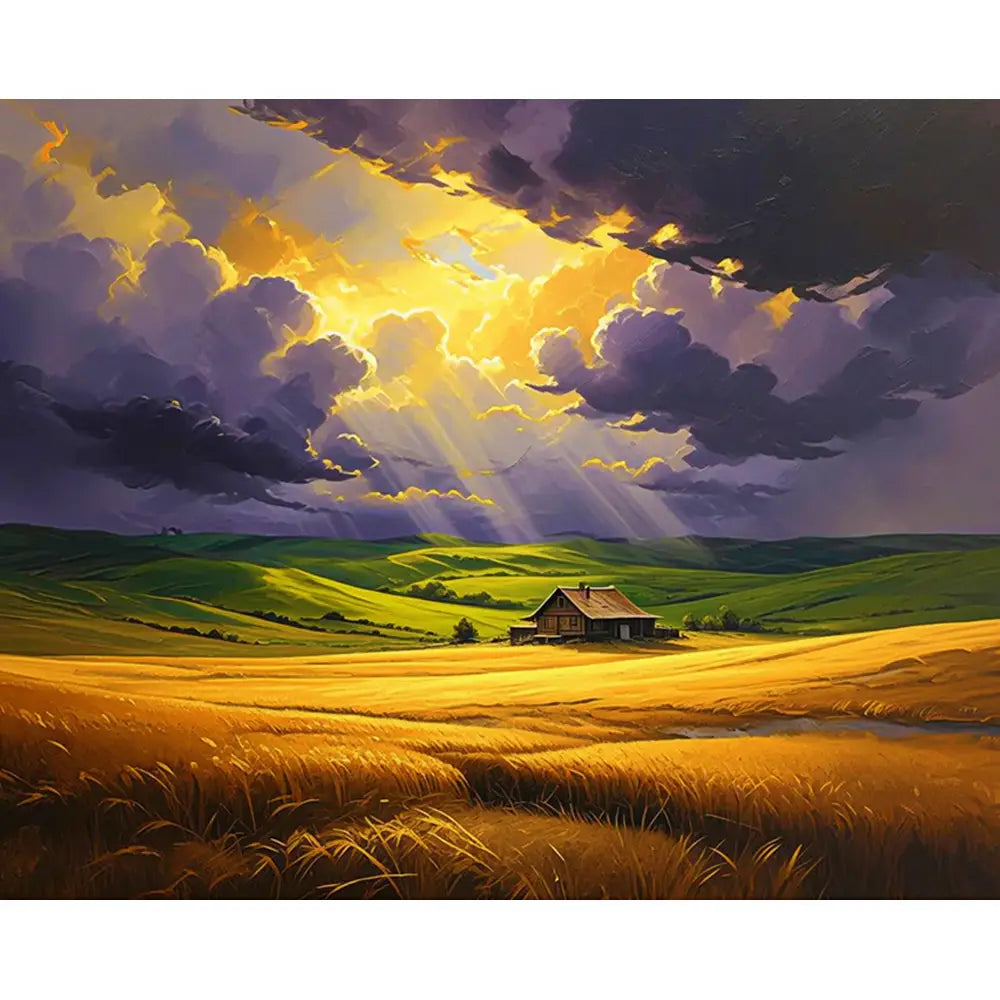 Malen nach Zahlen für Erwachsene: Landschaft mit Haus, goldenem Sonnenlicht und dramatischen Wolken als DIY-Set