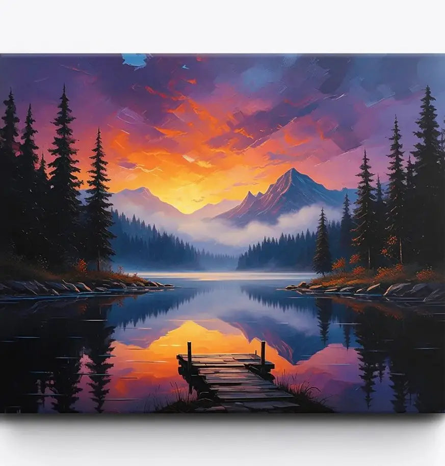 Malen nach Zahlen für Erwachsene: Magische Abenddämmerung mit Holzsteg, Bergsee und Tannen bei orange-violettem Sonnenuntergang