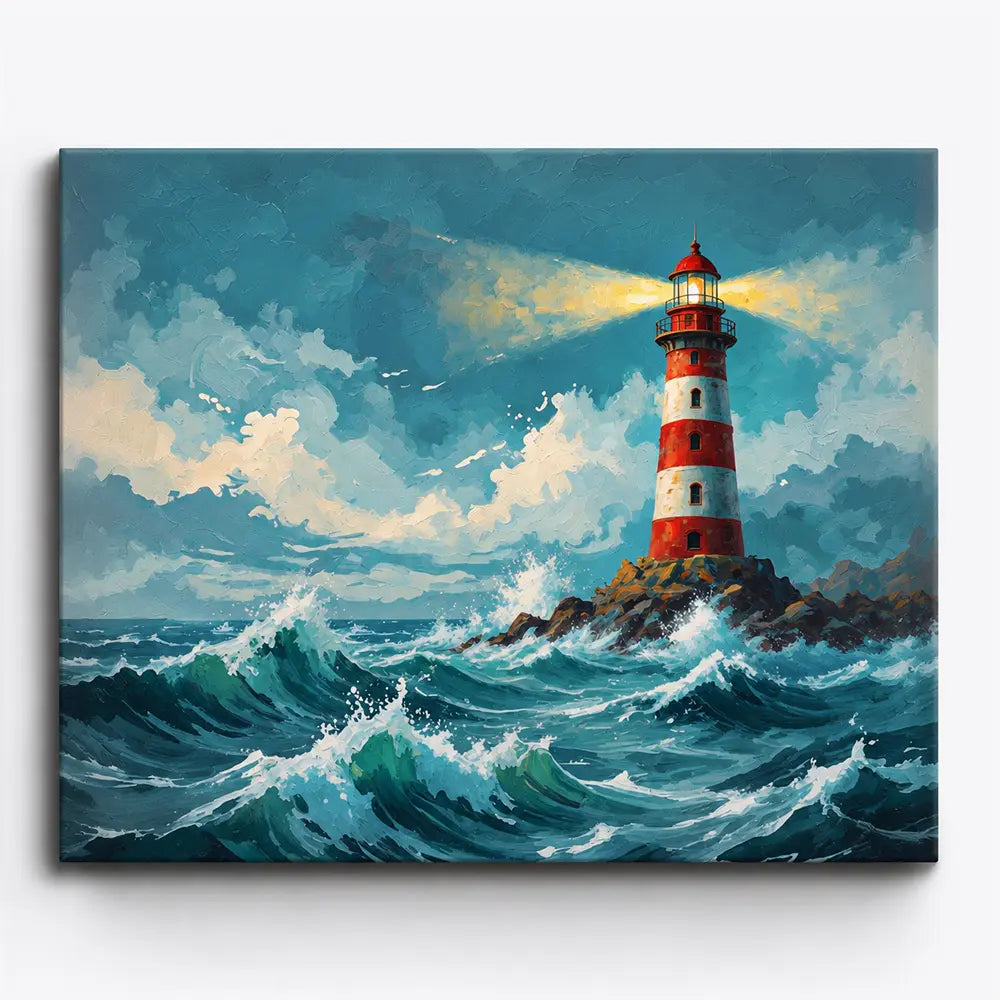 Malen nach Zahlen für Erwachsene: Leuchtturm in tosender See mit dramatischen Wellen und Wolken im Kunst-Design.
