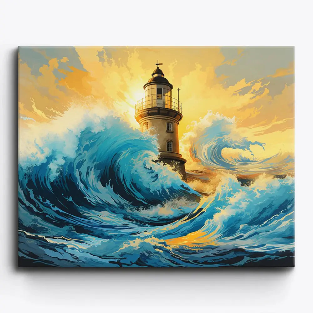 Malen nach Zahlen für Erwachsene: Leuchtturm im stürmischen Meer bei Sonnenuntergang als kreatives DIY-Bastelset