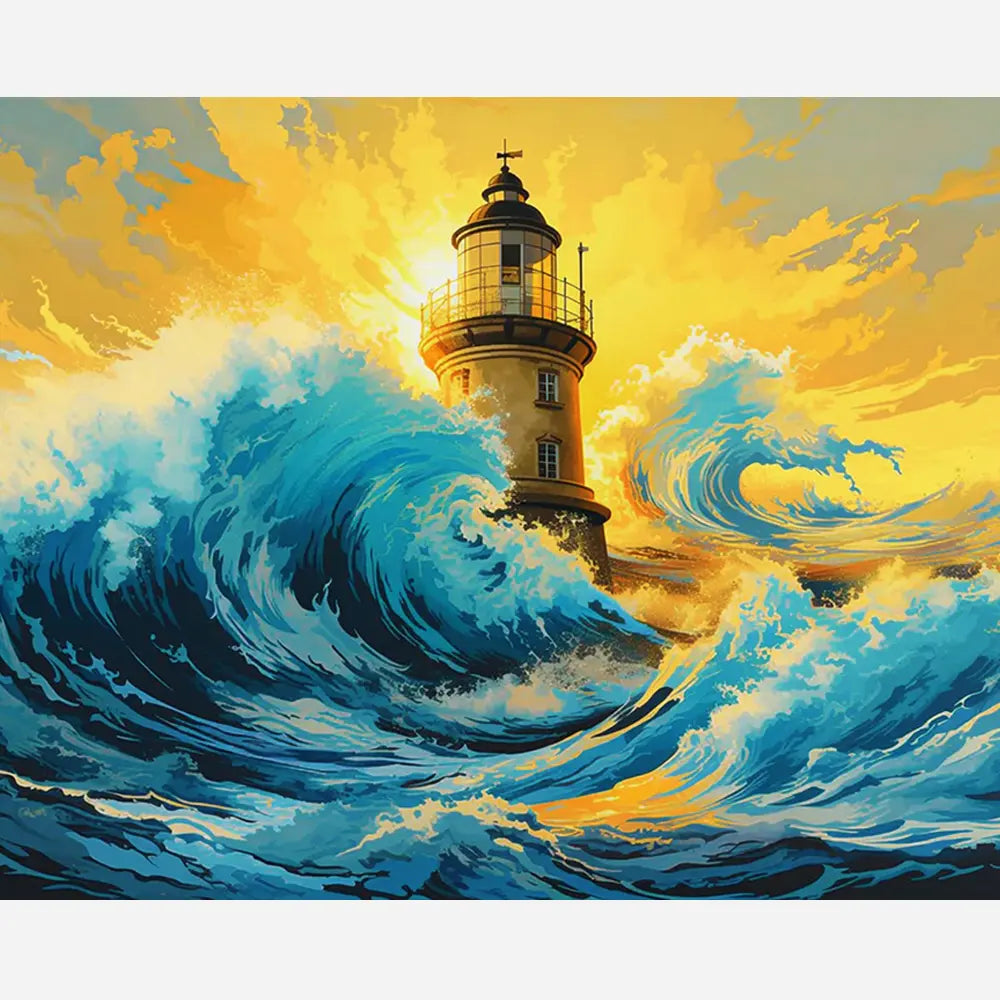Malen nach Zahlen für Erwachsene: Majestätischer Leuchtturm bei Sonnenuntergang mit wilden, blauen Ozeanwellen.