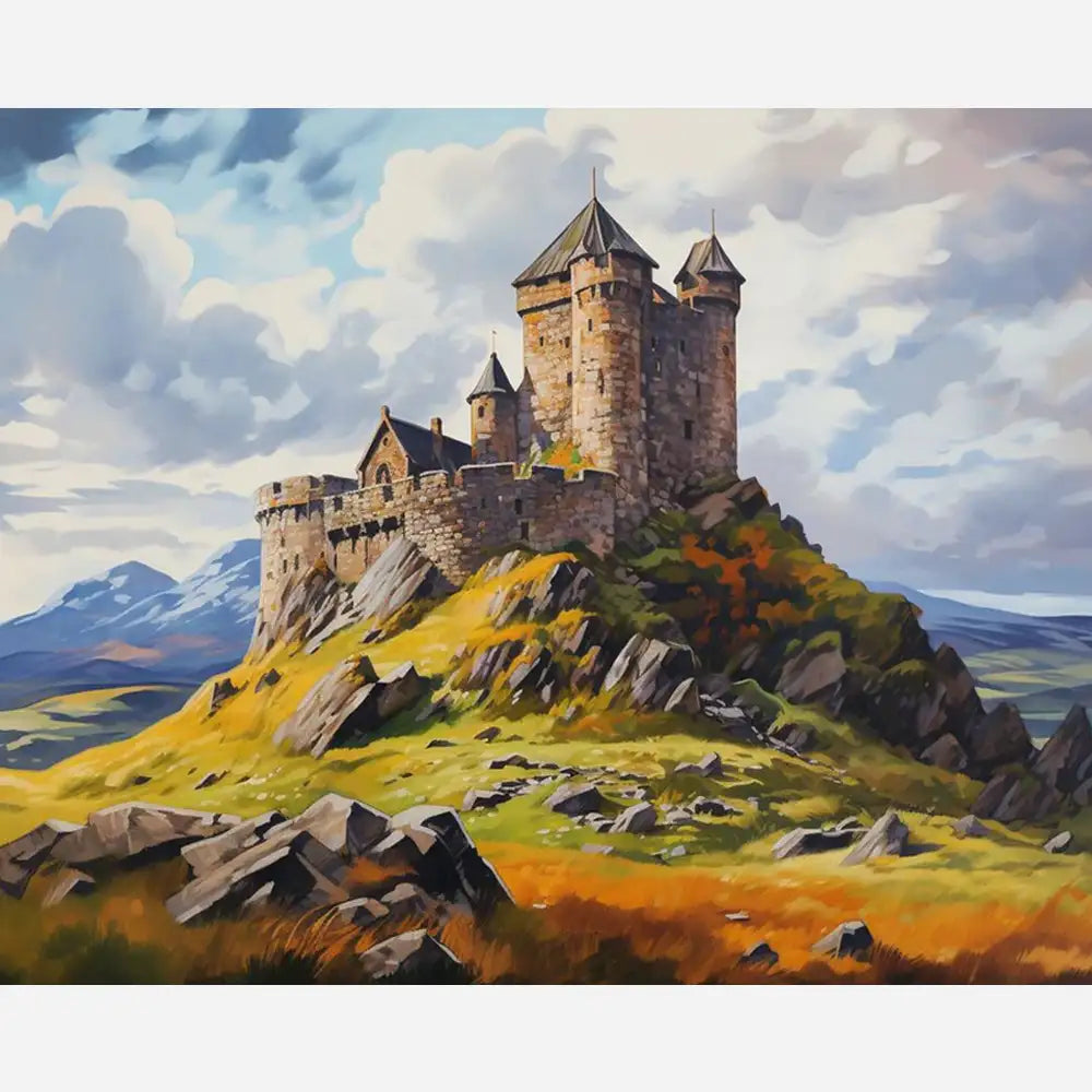 Malen nach Zahlen für Erwachsene: Wächter der Berge Motiv mit einer majestätischen Burg auf einem felsigen Hügel.