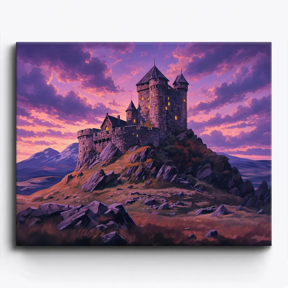 Malen nach Zahlen für Erwachsene Motiv Burg im Abendglanz mit violettem Himmel und beleuchteten Fenstern auf Leinwand