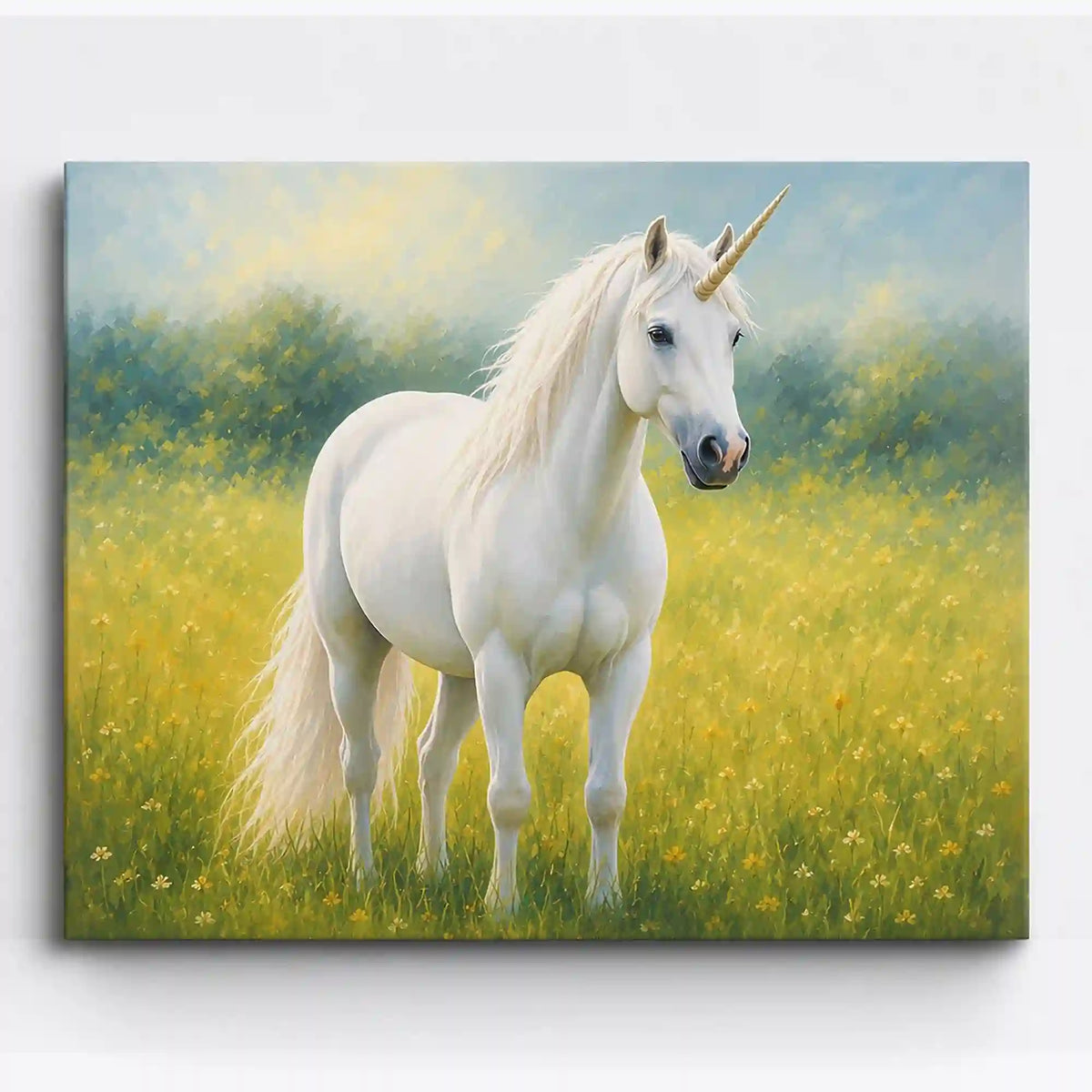 Malen nach Zahlen Erwachsene: Weißes Einhorn auf blühender Blumenwiese – Picmondoo Leinwand