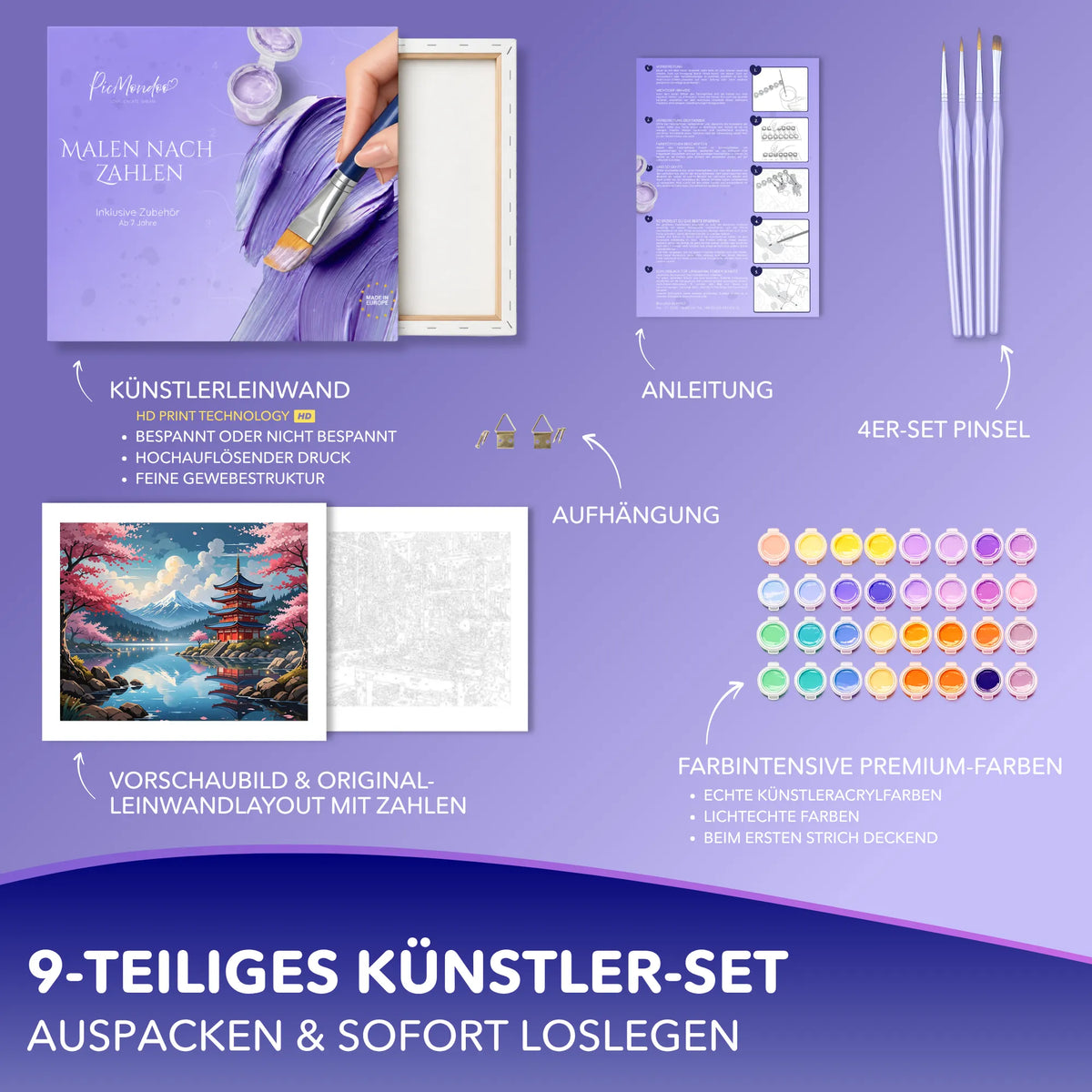 Picmondoo Malen nach Zahlen Set Japanischer Frühlingstraum mit Leinwand, Acrylfarben, Pinseln und Anleitung