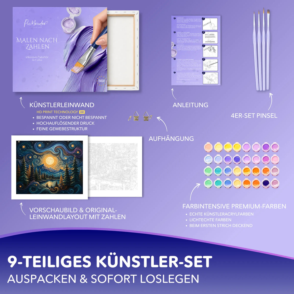Malen nach Zahlen Set Goldene Nacht von Picmondoo mit Leinwand, Acrylfarben, Pinsel und Anleitung für Erwachsene.