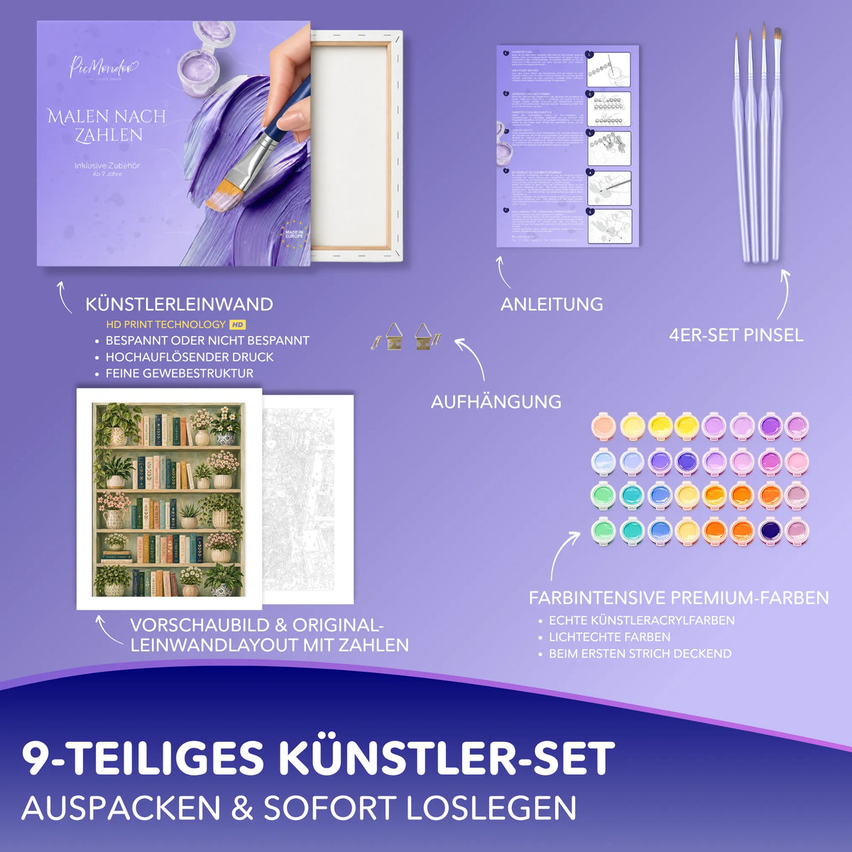 Picmondoo Malen nach Zahlen Set Zwischen Büchern und Blüten mit Leinwand, Acrylfarben, Pinseln und Anleitung für Erwachsene