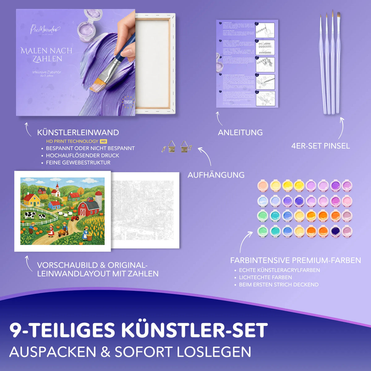 Picmondoo Malen nach Zahlen Set Ernteglück mit Leinwand, Acrylfarben, Pinsel, Anleitung und Zubehör für Erwachsene.