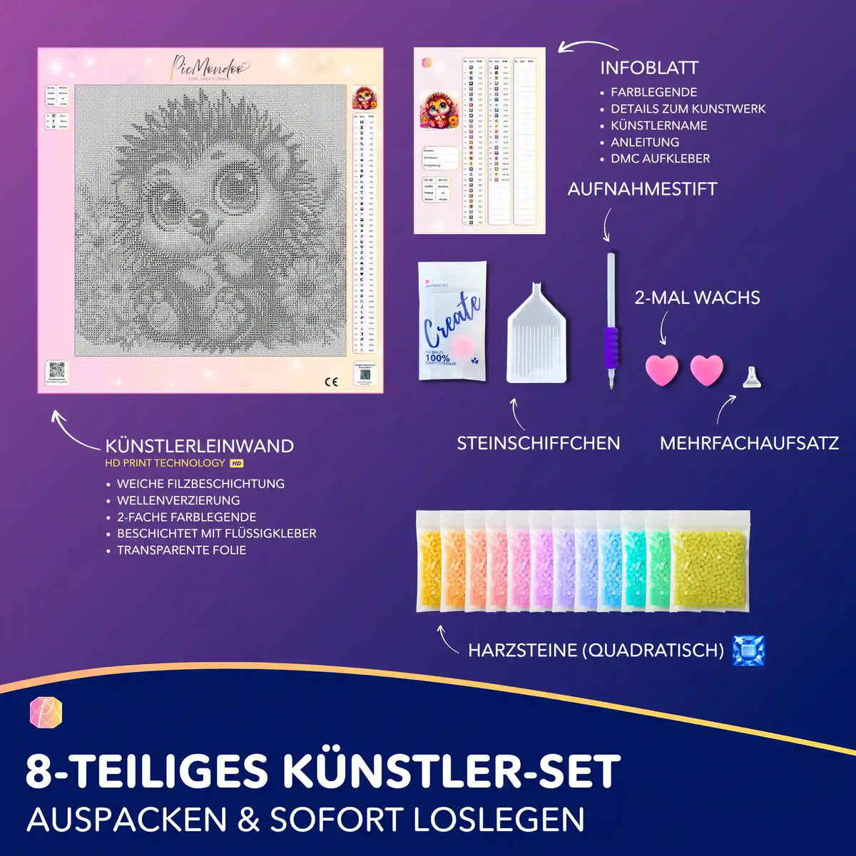 Diamond Painting Set Igel Hermine mit quadratischen Steinen, Leinwand, Stift und Zubehör für DIY Kunstprojekte.