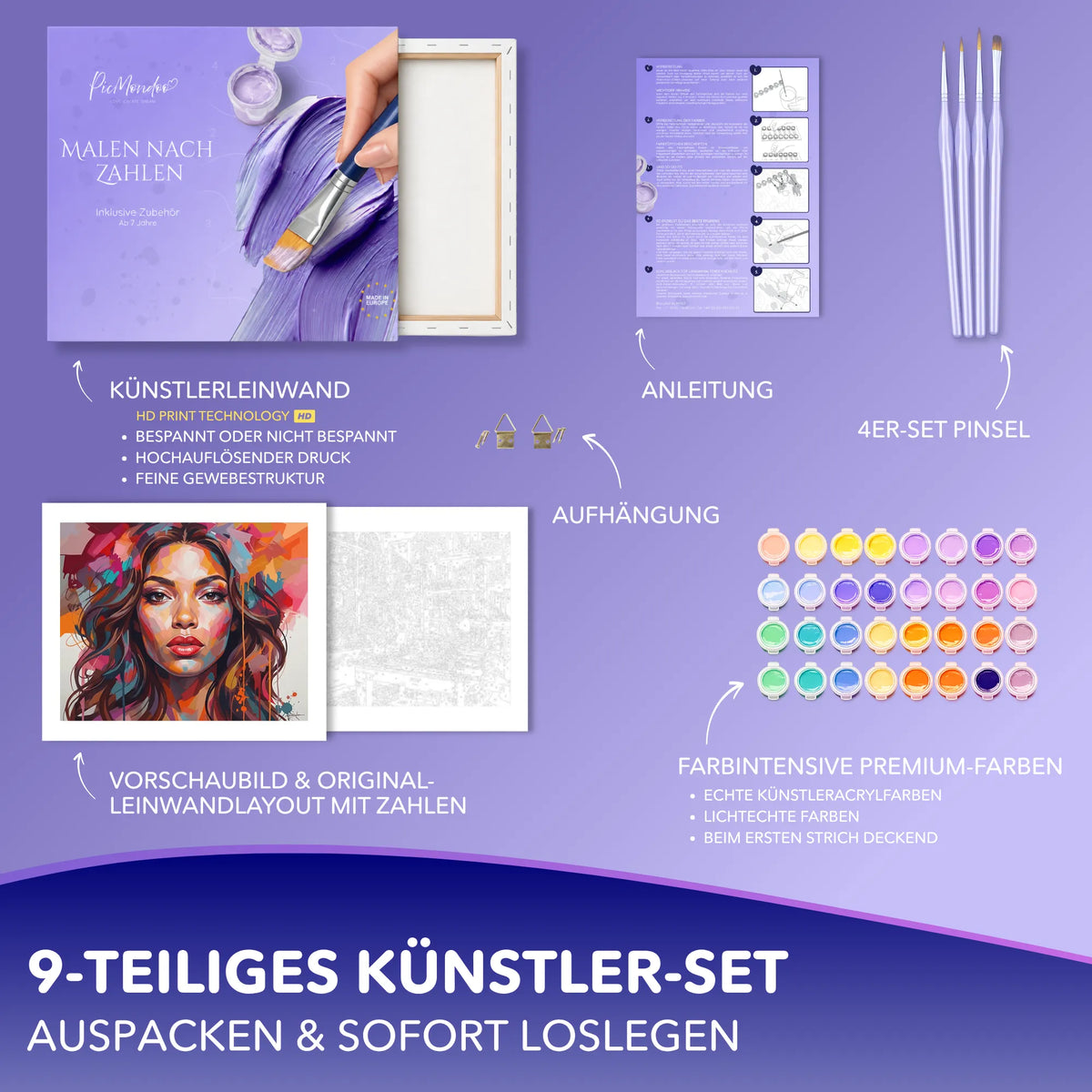 Malen nach Zahlen Set mit Porträt-Leinwand, Acrylfarben, Pinsel und Anleitung für Erwachsene von Picmondoo