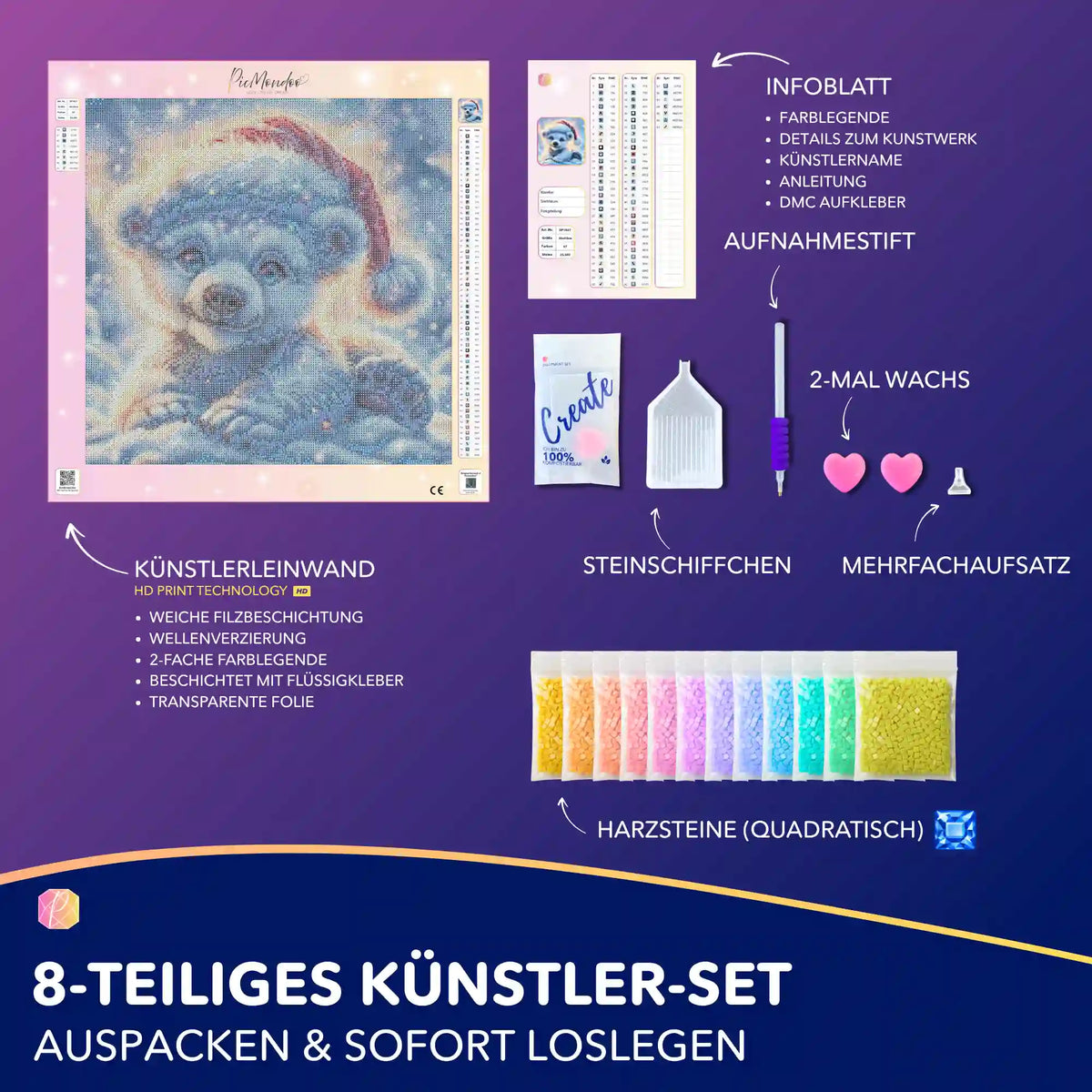 Diamond Painting Set Kleiner Schneefunkel mit Weihnachtsbär-Leinwand, eckigen Steinen, Stift und Zubehör für DIY-Kunst