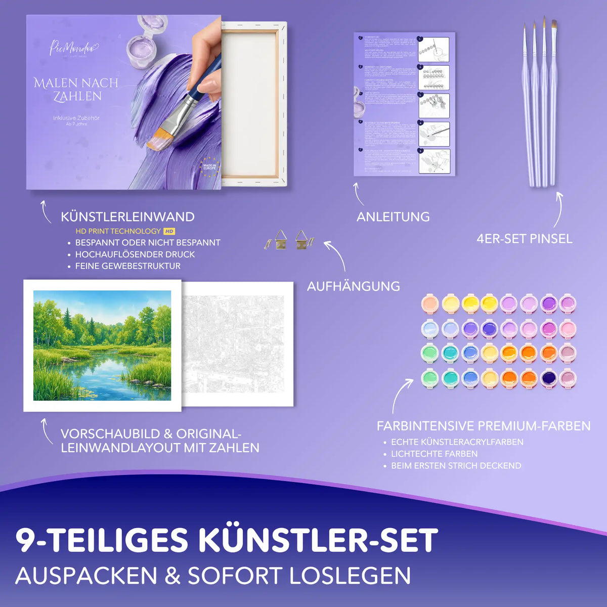 Picmondoo Malen nach Zahlen Set: Aquarell des Sommers mit Leinwand, Acrylfarben, Pinseln und Anleitung für Erwachsene.