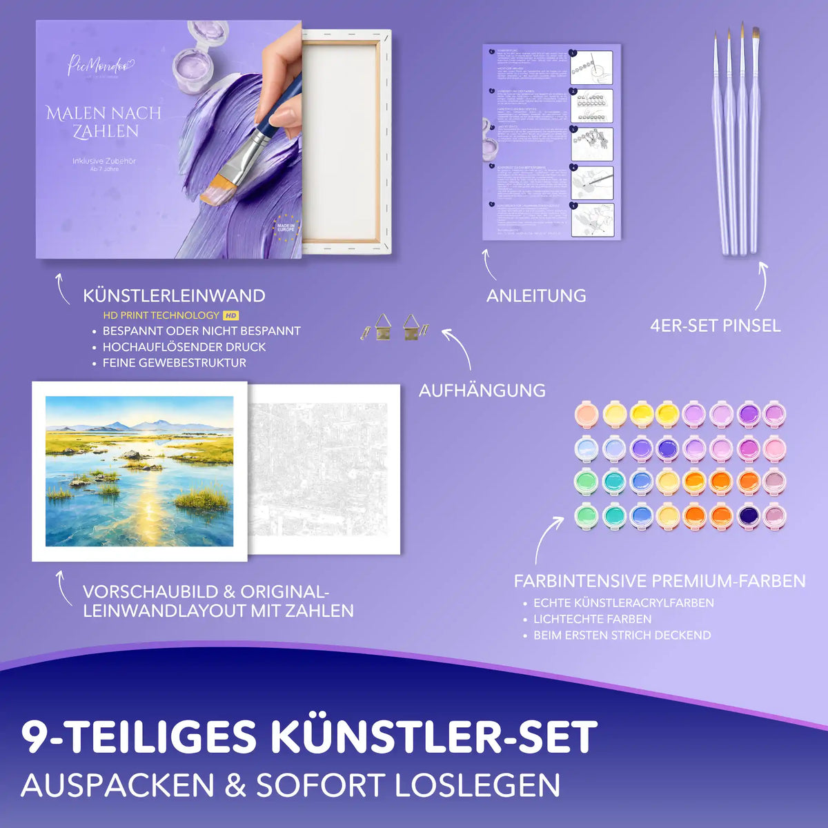 Picmondoo Malen nach Zahlen Set Goldglanz am See mit Leinwand, Acrylfarben, Pinseln und Anleitung für Erwachsene