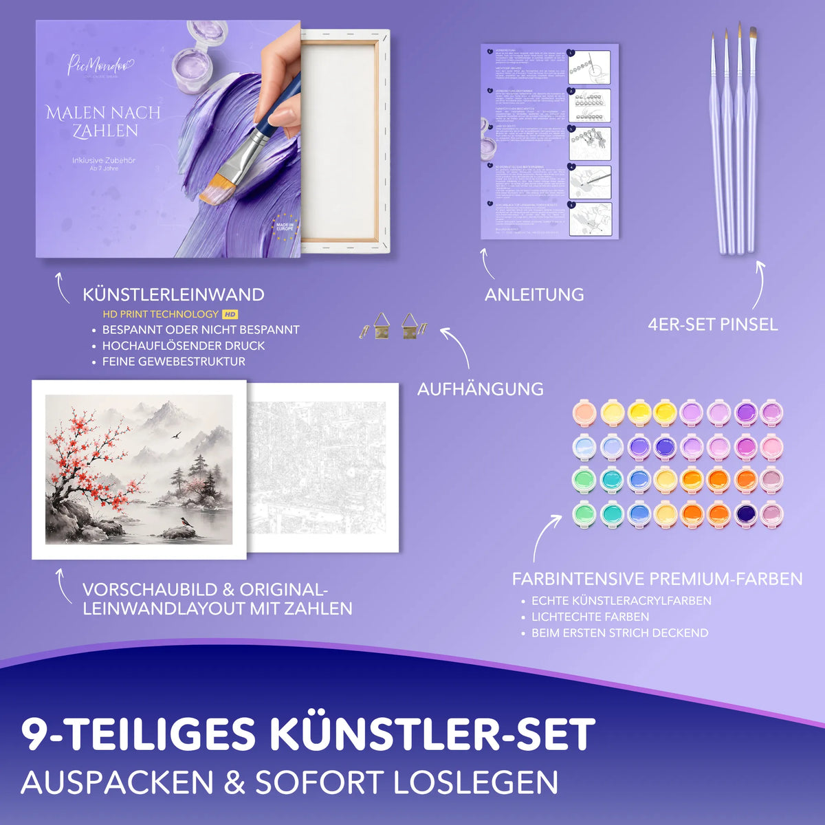 Malen nach Zahlen Set Stille in Blüte mit Leinwand, Acrylfarben und Pinseln für Erwachsene von Picmondoo