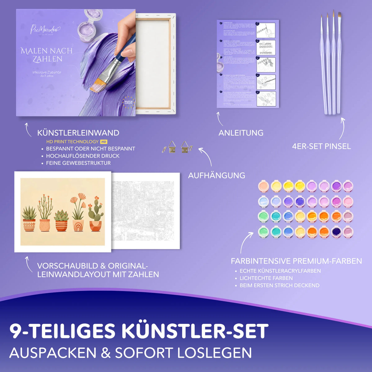 Malen nach Zahlen Set Kleine Wüstenfreunde mit Kakteen-Motiv, Acrylfarben, Pinseln und bedruckter Leinwand von Picmondoo