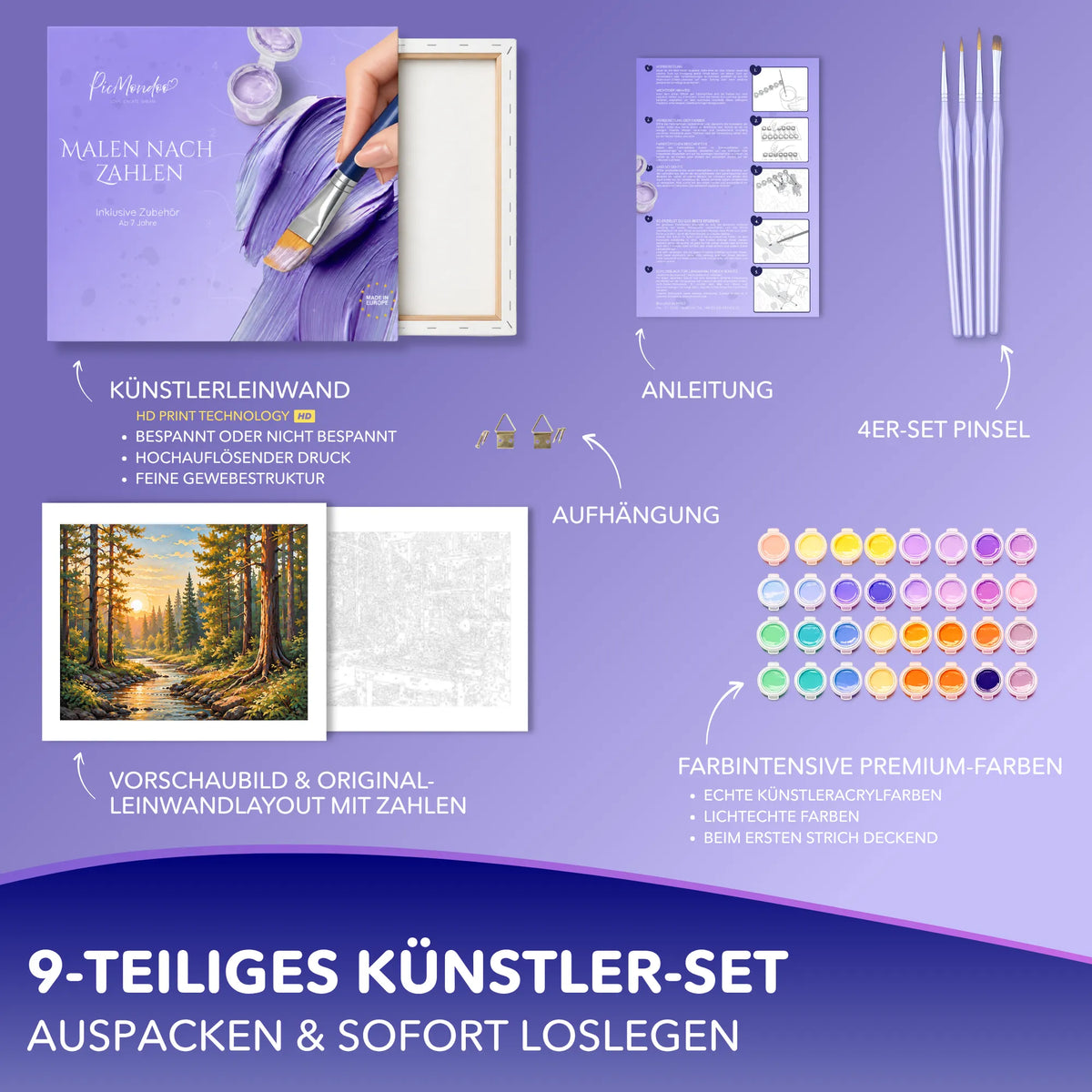 Picmondoo Malen nach Zahlen Set mit Waldmotiv, Acrylfarben, Leinwand, Pinseln und Anleitung für Erwachsene