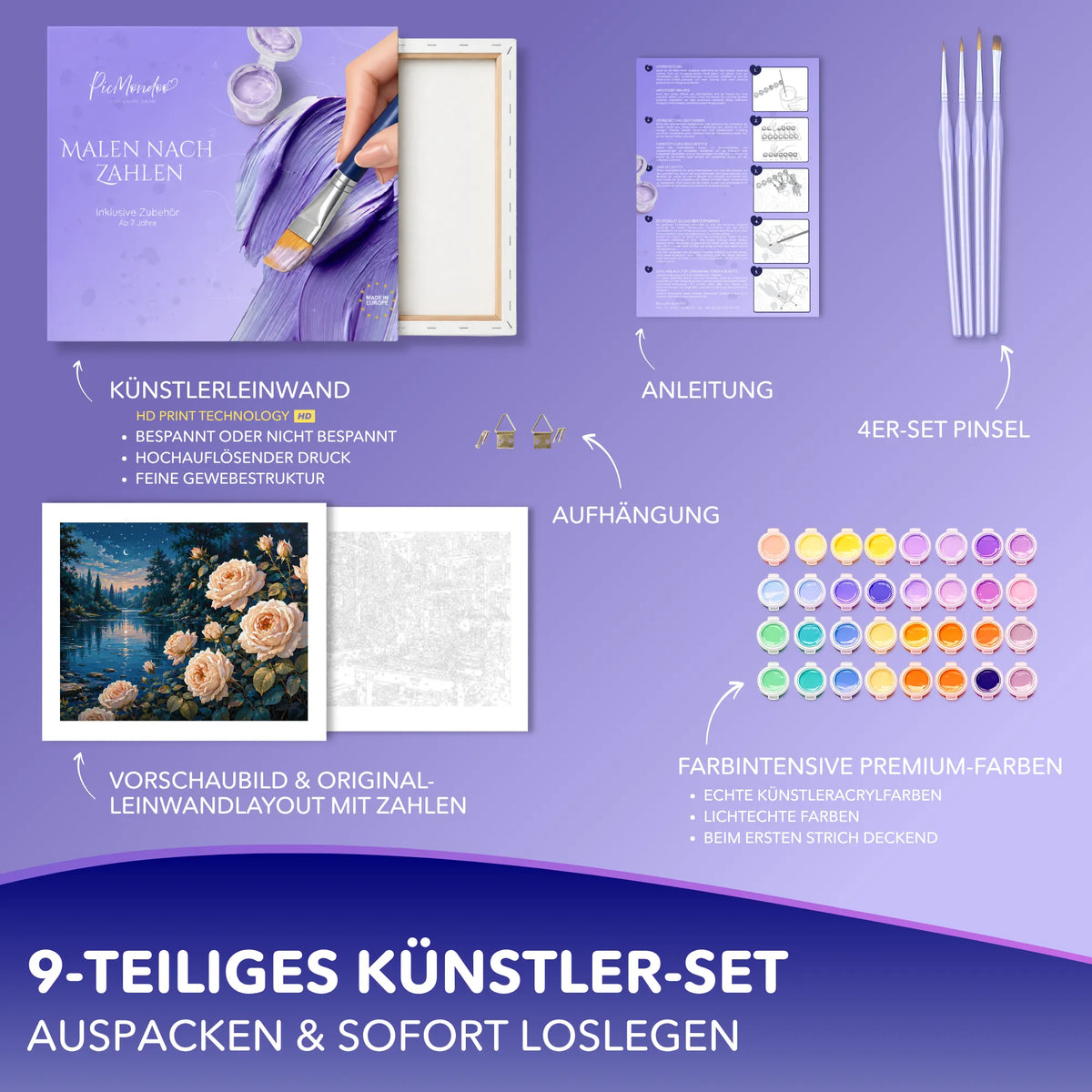 Malen nach Zahlen Set Rosen im Mondlicht von Picmondoo mit Leinwand, Acrylfarben und Pinseln für Erwachsene