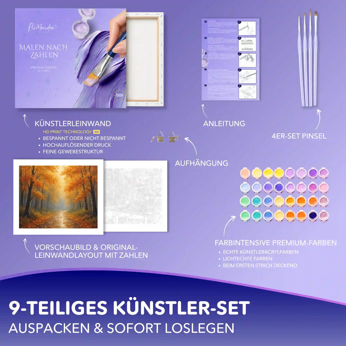 Malen nach Zahlen Erwachsene: 9-teiliges Set Herbstlicher Pfad mit Leinwand, Acrylfarben und Pinseln im Überblick.