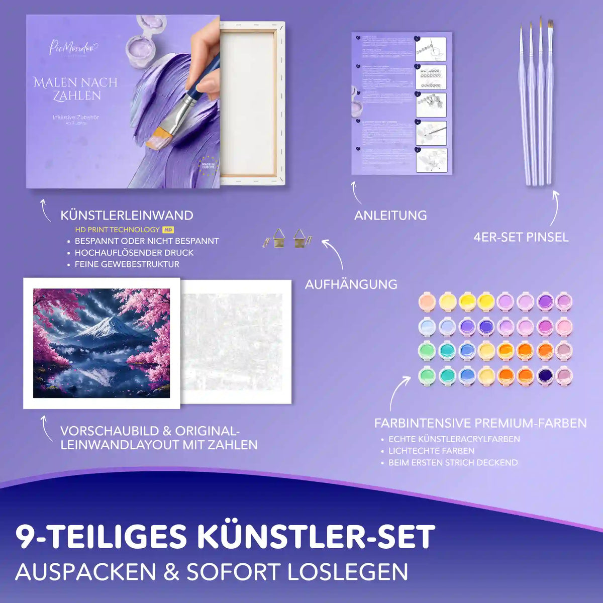 Malen nach Zahlen Set Kirschblüten am Fuji: 9-teiliges Künstler-Set mit Leinwand, Farben & Pinseln