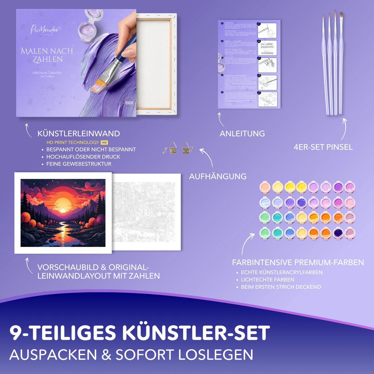 Picmondoo Malen nach Zahlen Set Im letzten Licht mit Leinwand, Acrylfarben und Pinsel für Erwachsene und DIY-Fans
