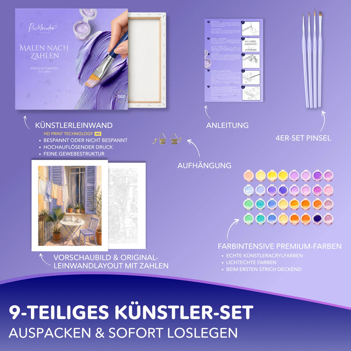 Picmondoo Malen nach Zahlen Set Morgenlicht in Lavendel mit Leinwand, Acrylfarben, Pinseln und Anleitung für Erwachsene