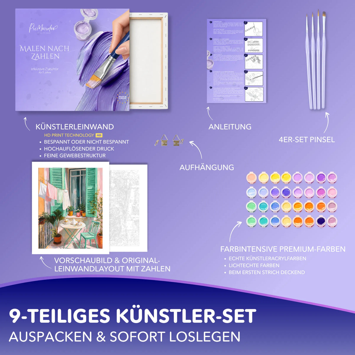 Malen nach Zahlen Set Ein Morgen voller Leichtigkeit mit Leinwand, Acrylfarben, Pinseln und Anleitung von Picmondoo.