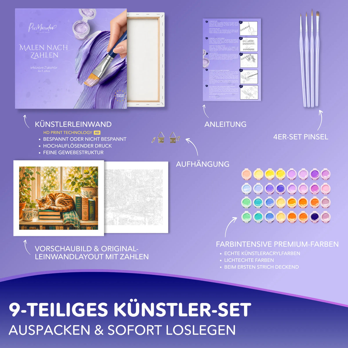 Malen nach Zahlen Set Samtpfötchens Träume: Komplettes DIY-Bastelset mit Leinwand, Acrylfarben und Pinsel für Erwachsene.