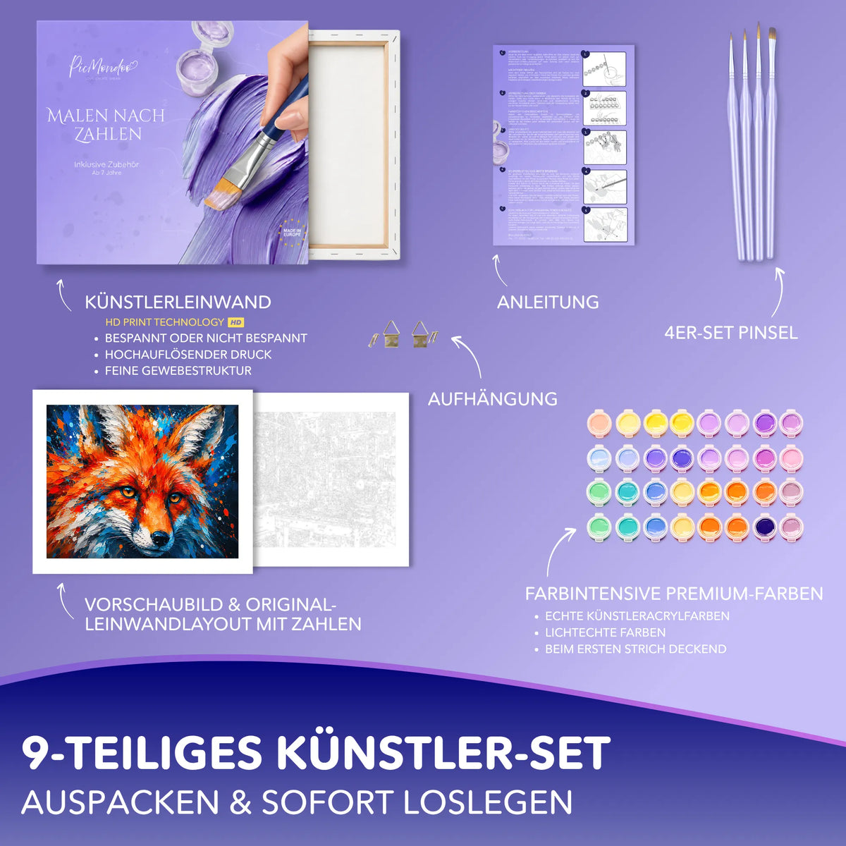 Picmondoo Malen nach Zahlen Set Feuerblick mit Leinwand, Acrylfarben, Pinseln und Fuchs-Motiv für Erwachsene.