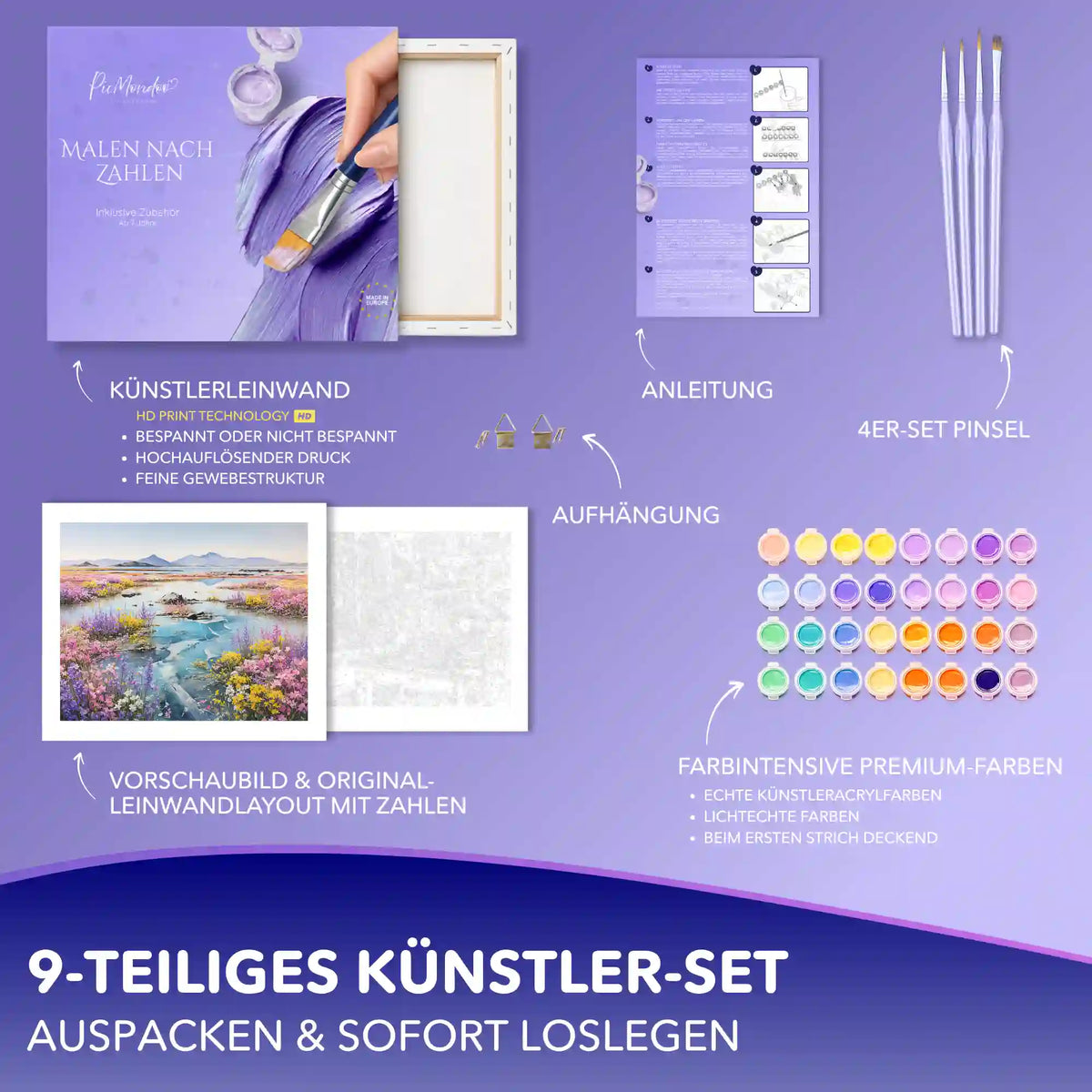 Malen nach Zahlen Set Farbenfroher Frühling: Lieferumfang mit Leinwand, Acrylfarben, Pinseln und Zubehör.